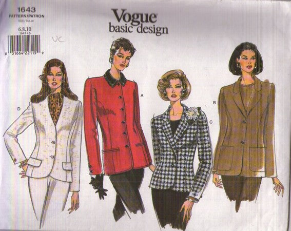 Vogue 1643 Vintage 2001 Sewing Pattern Blazer Jacket, Secretary Suit Jackets, Basic Design, 4 Styles Size 6-10