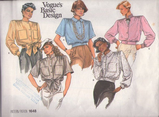 Vogue 1648 Vintage 80's Sewing Pattern Secretary Blouse Set, Basic Design, Casual Day or Formal Blouses, Boxy Looks, 5 Styles Size 8-10