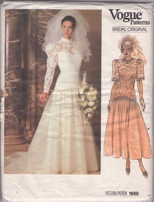 Vogue 1660 Vintage 80's Sewing Pattern Bridal Original Gown, Wedding Dress, Victorian Revival, Steam Punk Party Gown Drop Waist Lace, Gathered Skirt, Ballerina Length or Train MUST SEE Size 10