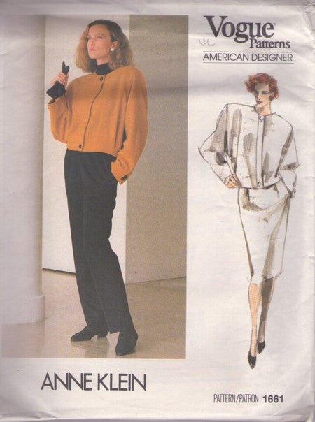 Vogue 1661 Vintage 80's Sewing Pattern American Designer Separates, Anne Klein Unique Shaped Boxy Tapered Jacket, Coat, Slim Pleated Skirt, Slacks Size 8