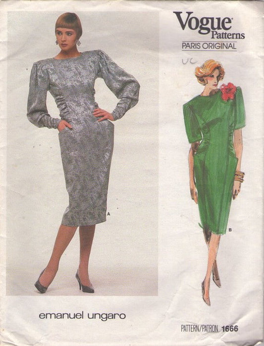 Vogue 1666 Vintage 80's Sewing Pattern Paris Original Dress, Designer Emanuel Ungaro Ruched Shirred Sides CURVE HUGGING Formal Cocktail Party Dress, 2 Styles Size 14