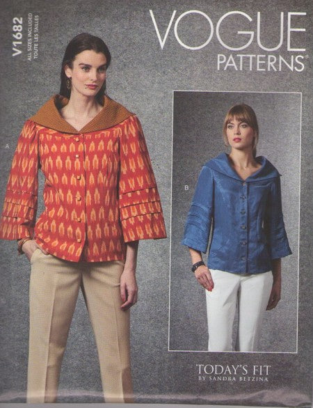 Vogue 1682 Retro 2020 Sewing Pattern Today's Fit Separates, by Sandra Betzina Avant Garde Unique Tiered Pleat Jacket Top, Portrait Collar 2 Styles MULTI SIZES Bust 32-55 Size S-XL