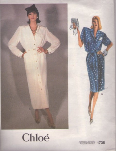 Vogue 1735 Vintage 80's Sewing Pattern 2 Piece Dress, Designer Chloe, Boxy Blouse Top, Slim Front Buttoned Skirt Size 10