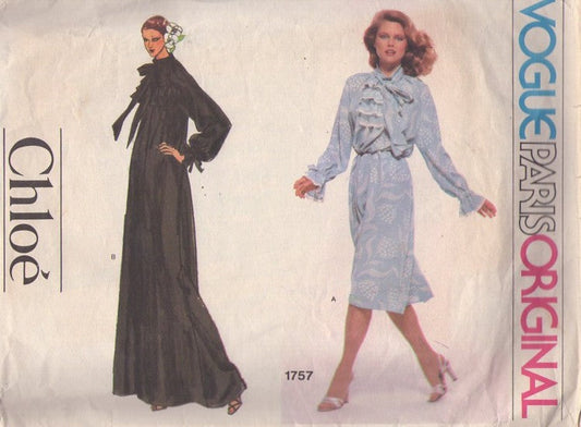 Vogue 1757 Vintage 70's Sewing Pattern Paris Original Dress, Designer Chloe, Ruffled Front Secretary Dress, Long Formal Maxi Gown with Jabot Size S