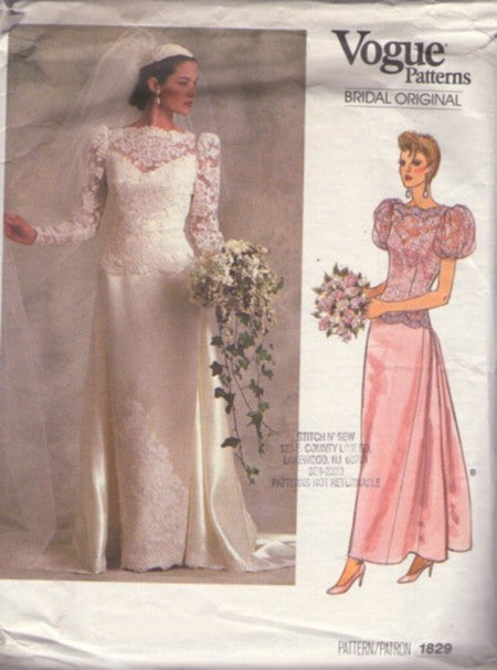Vogue 1829 Vintage 80's Sewing Pattern Bridal Original Gown, Sheer Bateau Bodice, Puff Sleeve, Wedding Dress, Bridesmaid Formal Party Gown, Flat Front, Gathered Back Bustle, Pleated Train Size 10