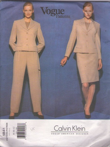 Vogue 1841 Retro 90's Sewing Pattern Suit Separates, American Designer Calvin Klein, Dynasty Power Suit, Blazer Jacket, Slim Sheath Skirt, Pleated Trousers Size 8-12