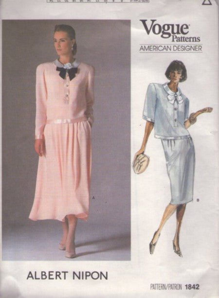 Vogue 1842 Vintage 80's Sewing Pattern 2 Piece Dress, American Designer Albert Nipon, Blouse Top, Oversized Collar, Pleated Chiffon Flared or Slim Skirt Size 10