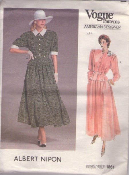 Vogue 1861 Vintage 80's Sewing Pattern Suit Dress, American Designer Albert Nipon, Derby Day, Pleated Front Buttoned Blouse Top, Full Flared Midi Skirt Size 12