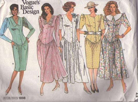 Vogue 1898 Vintage 80's Sewing Pattern Basic Design Dress, Scooped Basque Waist Pretty Woman Slim or Garden Party Flared Pleated Skirt Cocktail Dress, 5 Styles Shirtwaist Size 8-12