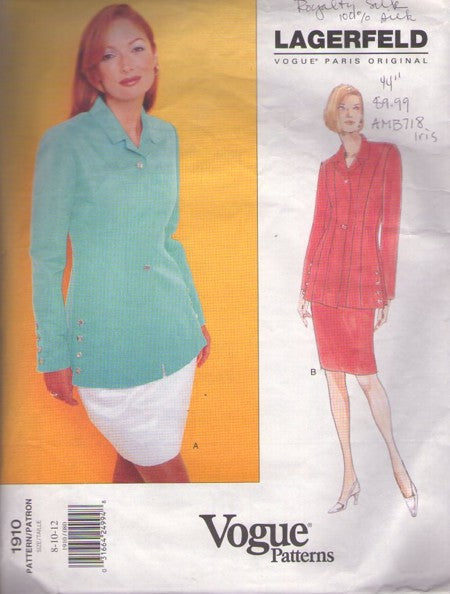 Vogue 1910 Retro 90's Sewing Pattern Designer Suit Dress, Paris Original Karl Lagerfeld, Button Tim Longline Over the Hips Suit Jacket, Slender Pencil Skirt Power Suit Size 8-12