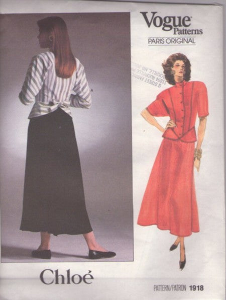 Vogue 1918 Vintage 80's Sewing Pattern Paris Original Designer Chloe Suit Dress, Peplum Blouse, Modest Midi Flared Skirt Size 10