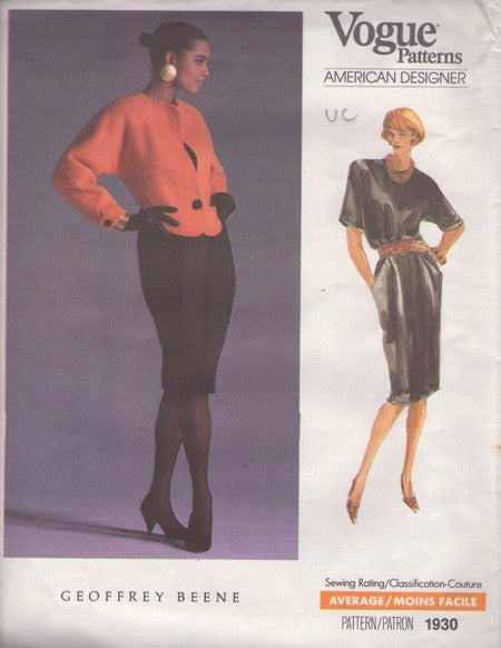 Vogue 1930 Vintage 80's Sewing Pattern American Designer Geoffrey Beene Blouse, Sheath Skirt, Jacket Size 10