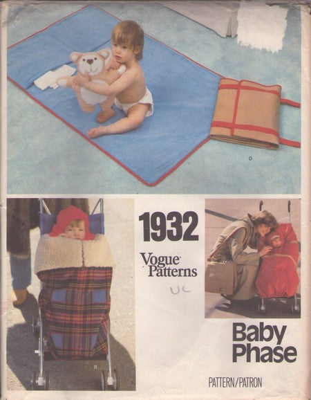 Vogue 1932 Vintage 80's Sewing Pattern Baby Crafts, Baby Phase Umbrella Stroller Accessories Fold Up Tote Pocket Blanket, Snuggy Fleece Wrap Poncho, Stroller Bag REALLY GREAT If You Walk A Lot!
