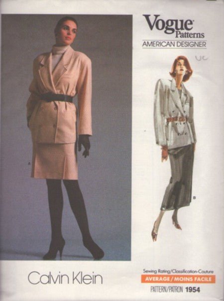Vogue 1954 Vintage 80's Sewing Pattern Suit Set, American Designer Calvin Klein Safari Style Double Breasted Suit Jacket, Knee Pleated Short or Midi Skirt, 2 Piece Suit Dress Size 8-12