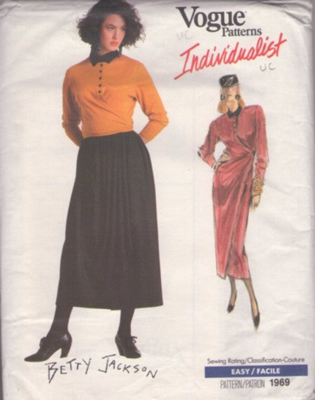 Vogue 1969 Vintage 80's Sewing Pattern Mock Wrap Dress, Individualist Designer Betty Jackson, Ruched, Draped, Easy Cocktail Party Midi Dress, Pullover Polo Top & Flared Pleated Skirt Size 8