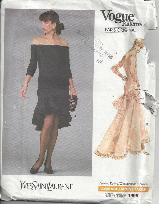 Vogue 1995 Vintage 80's Sewing Pattern Formal Prom Dress, Paris Original Designer, YSL Yves Saint Laurent,  Asymmetrical Cha Cha Skirt, Party Dress, Bustle Sash, Wedding Gown Size 6-10