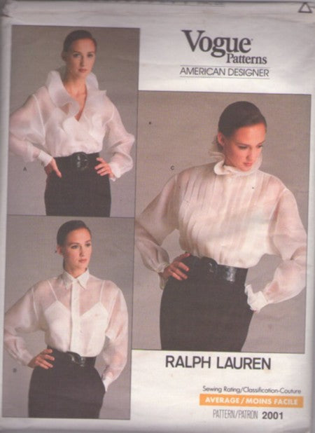 Vogue 2001 Vintage 80's Sewing Pattern American Designer Ralph Lauren, Sheer Blouse Set, Career or Evening, 3 Styles Size 18