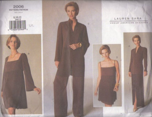 Vogue 2006 Vintage 90's Sewing Pattern Evening Separates, American Designer Lauren Sara, Tunic Top, Mini Dress, Bell Sleeve or Straps, Slim Skirt, Slacks Size 8-12