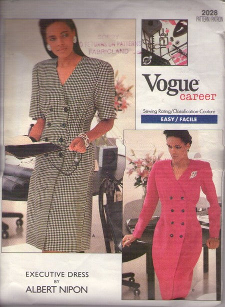 Vogue 2028 Vintage 80's Sewing Pattern Executive Dress, American Designer Albert Nipon, Double Breasted Career Styles, Size 6-10
