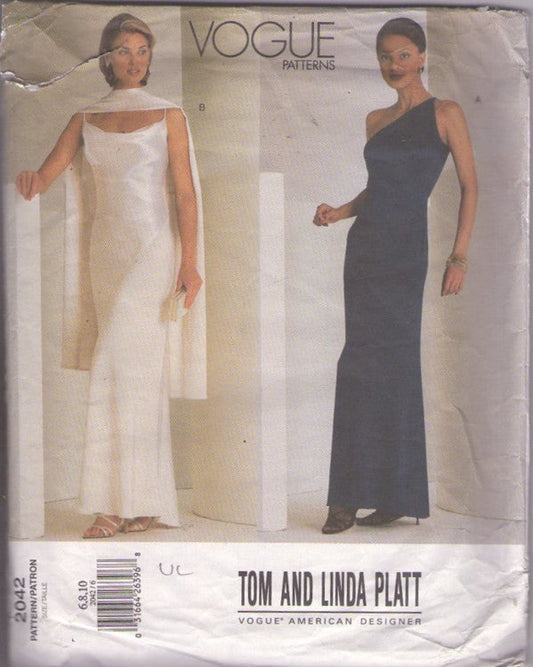 Vogue 2042 Retro 2001 Sewing Pattern Wedding Gown, American Designer Tom & Linda Platt, Simple 30s Style, Beach, Summer Wedding Dress, One Shoulder, Maxi Formal Dress, Scarf Wrap Stole Size 6-10