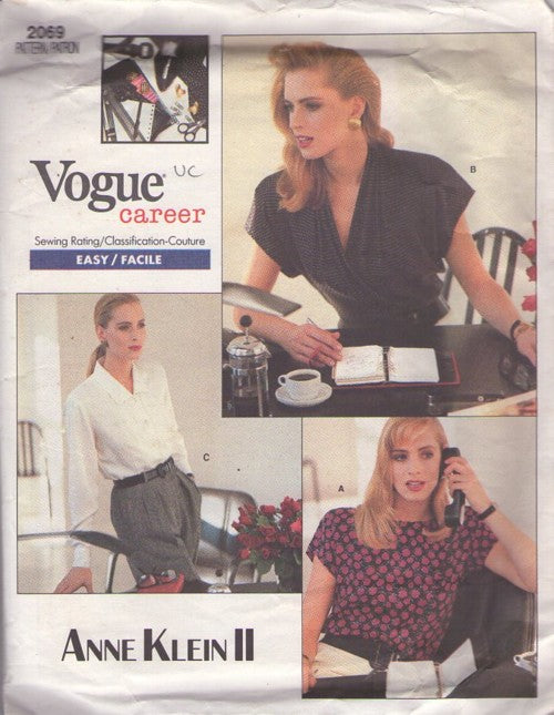 Vogue 2069 Vintage 80's Sewing Pattern Designer Anne Klein II Easy Blouse, 3 Career Styles Size 12-16