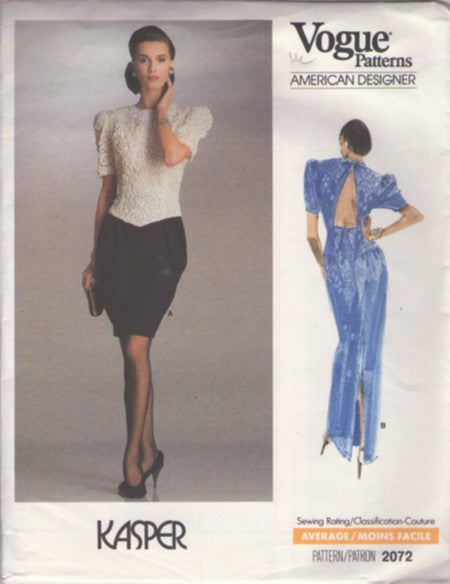 Vogue 2072 Vintage 80's Sewing Pattern Dinner Dress, American Designer Kasper, Open Keyhole Back, Holiday Cocktail Party Sheath Dress or Long Elegant Formal Gown Size 6-10