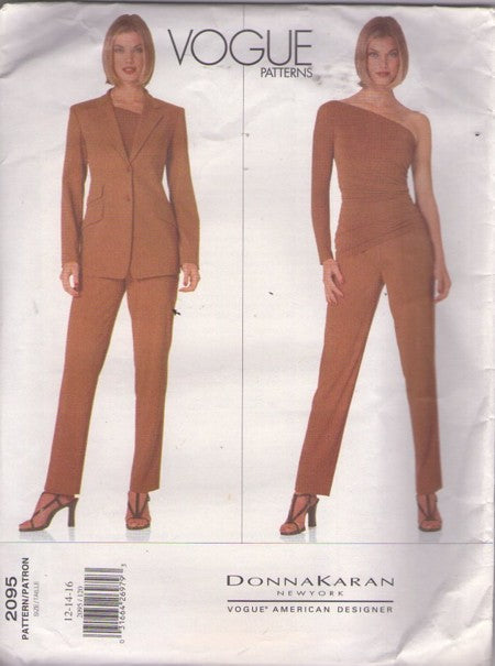 Vogue 2095 Retro 90's Sewing Pattern Career Suit Separates, American Designer Donna Karan, NY DKNY, One Shoulder Mock Wrap Top, Tapered Fly Front Trousers Size 12-16