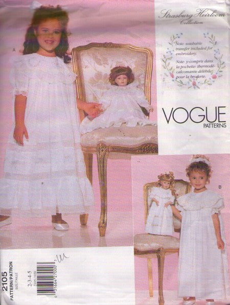 Vogue 2105 Vintage 90's Sewing Pattern Girls' Dress, Strasburg Heirloom Collection, Modest Victorian, Cottagecore Styles, Matching Doll Dress, Size 2-5