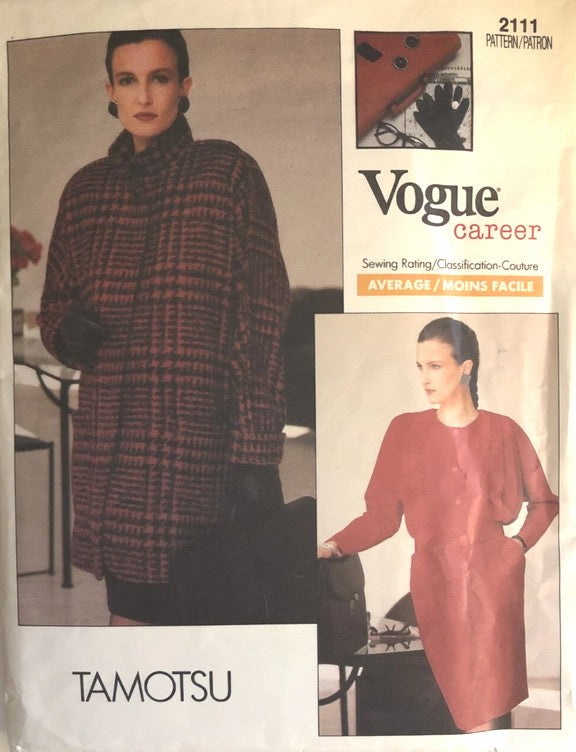 Vogue 2111 Vintage 80's Sewing Pattern Suit Separates, Designer Tamotsu, Space Age, Pleated Batwing, Blouse, Skirt, Boxy Shaped Jacket, Coat Size 6-10