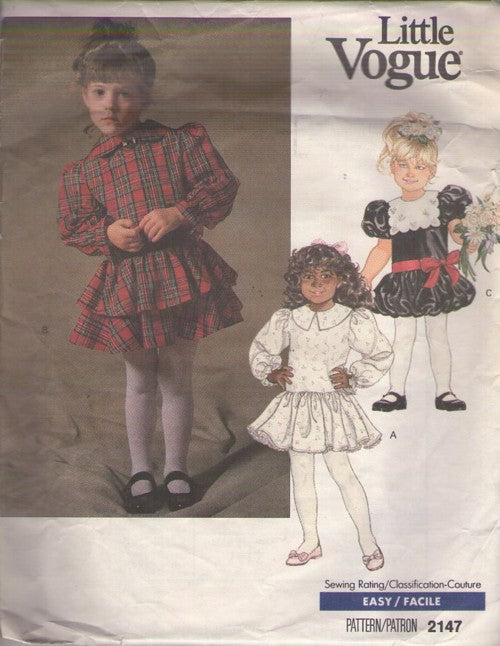 Vogue 2147 Vintage 80's Sewing Pattern Girl's Dress, Victorian Holiday, Cottagecore, Drop Waist, Bubble Skirt or Flounce, Tier Skirt Party Styles Size 2-4