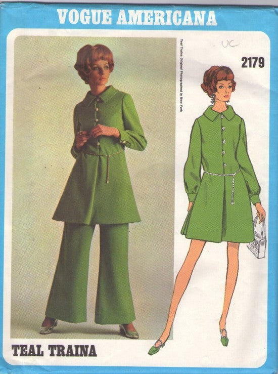 Vogue 2179 Vintage 60's Sewing Pattern Mod Pantsuit, Americana Designer Teal Traina, Hostess Flared Step In, Buttons & Loop Dress, Bell Bottoms Pants, Pantsuit Size 10