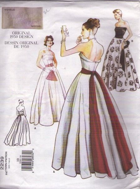 Vogue 2239 Retro 2001 Sewing Pattern Vintage Model Evening Gown, 1950 Original Design, Strapless Dress, 2 Styles Size 10