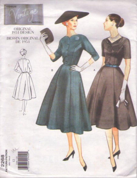 Vogue 2268 Retro 90's Sewing Pattern Repro 50s Dress, Vintage Model 1951 Lucy Flared Gored Panel Skirt Shirtwaist Cocktail Party Day Dress, 2 Styles Size 12
