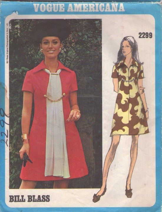 Vogue 2299 Vintage 70's Sewing Pattern Mod Dress, Americana Designer Bill Blass, Flattering Side Panels, Wide Pointed Collar, Center Front Seam, Stewardess Dress Size 16