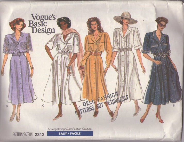 Vogue 2313 Vintage 80's Sewing Pattern Secretary Dress Set, Basic Design, Front Buttoned Coat Dress, Flared Skirt, Lace Applique Trim, Blouson Size 6-10