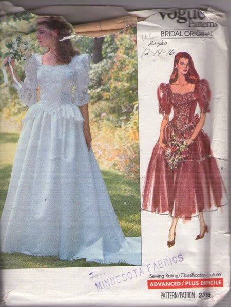 Vogue 2399 Vintage 80's Sewing Pattern Bridal Dress, Petticoat Slip, Original Wedding Gown, Bridesmaid Formal, Basque Waist Puff Sleeve Romantic Prom Formal Special Occasion, 2 Styles Size 12-16
