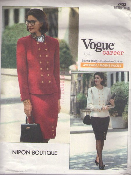 Vogue 2432 Vintage 90's Sewing Pattern Designer Suit Dress, Nipon Boutique Career Jackie O Classic Style Suit Jacket Top, Slim Skirt, Button Trim Size 6-10