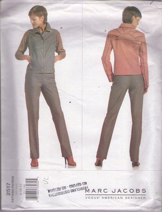 Vogue 2517 Retro 2001 Sewing Pattern Outerwear Separates, American Designer Marc Jacobs, Sunshine Back, Yoked, Wearable Art Jacket, Denim Biker Vest, Fly Front Jeans, Slacks Size 8-12