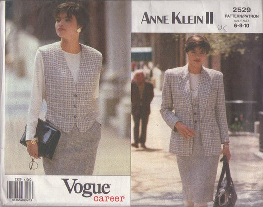 Vogue 2529 Vintage 90's Sewing Pattern Career Separates, Designer Anne Klein II, Power Suit Jacket, Vest, Slim Pencil Skirt Size 6-10