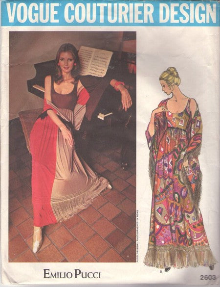 Vogue 2603 Vintage 70's Sewing Pattern Couturier Dress, Shawl, Designer Emilio Pucci Color Block 3 Color Scoop Neck Maxi Gown WITH FRINGE, Square Fringed Piano Shawl Size 10