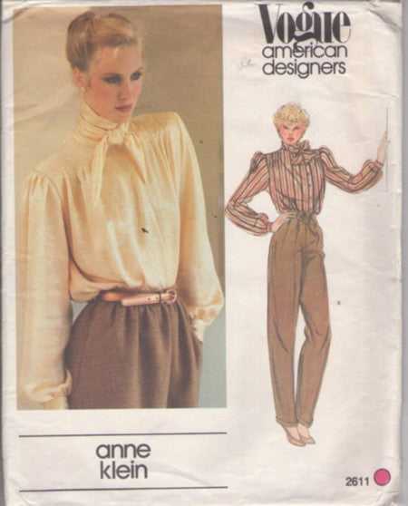 Vogue 2611 Vintage 80's Sewing Pattern American Designer Blouses, Anne Klein Secretary Blouse Set, Pussycat Bow Tie or Wrap Around & Knot Neckline, Long Sleeve Shirt 2 Styles Size 14