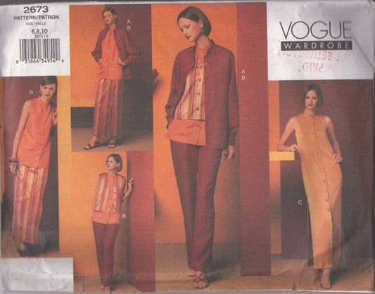 Vogue 2673 Retro 2002 Sewing Pattern Wardrobe Separates, Oversized Shirt, Blouse, Front Buttoned Dress, Wrap Skirt, Pants & Vest Size 6-10