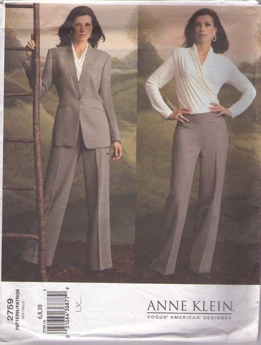 Vogue 2759 Retro 2003 Sewing Pattern Suit Separates, American Designer Anne Klein, Mock Wrap, Ruched Surplice Top, Fitted Long Blazer Suit Jacket & Straight Legged, Contour Waist Pants, Slacks Size 6-10
