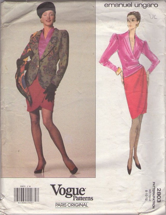 Vogue 2803 Retro 90's Sewing Pattern Evening Separates, Paris Original Designer Emanuel Ungaro Mock Wrap Ruched Side Blouse, Tulip Hem Skirt, Fitted Suit Jacket Size 8-12