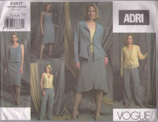 Vogue 2817 Retro 2003 Sewing Pattern Minimalist Separates, Designer ADRI Mix & Match Gauze Look Tie Front Jacket, Hi Lo Dress, Top, Pants, Skirt Size 12-16