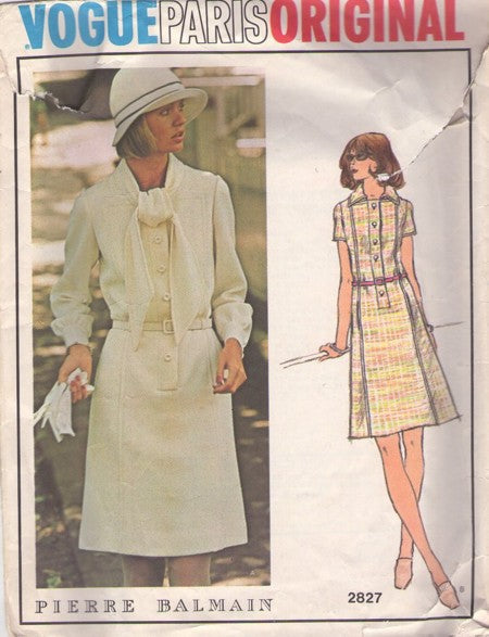 Vogue 2827 Vintage 70's Sewing Pattern Mod Dress, Paris Original Designer Pierre Balmain, Step In, Front Panel Interest, Secretary Dress, Hidden Front Pockets Size 12 CUT