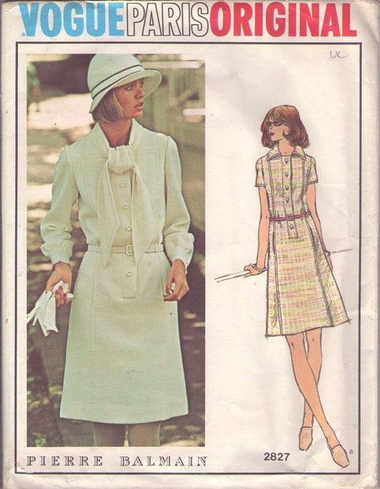 Vogue 2827 Vintage 70's Sewing Pattern Mod Dress, Paris Original Designer Pierre Balmain, Step In, Front Panel Interest, Secretary Dress, Hidden Front Pockets Size 12 UNCUT