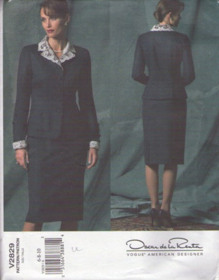 Vogue 2829 Retro 2004 Sewing Pattern American Designer Suit, Oscar de la Renta, Power Suit, Fitted Jacket with Lace Collar, Slim Skirt Size 6-10