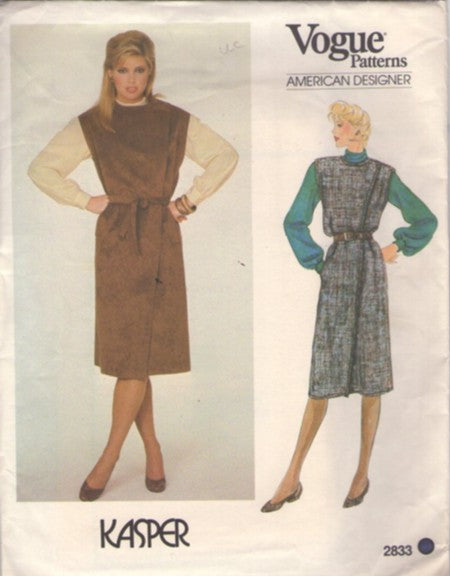 Vogue 2833 Vintage 80's Sewing Pattern American Designer Jumper, Blouse, Kasper Fabric, Suede or Leather Front Wrap Around Flanged Jumper Dress, Blouse Size 12