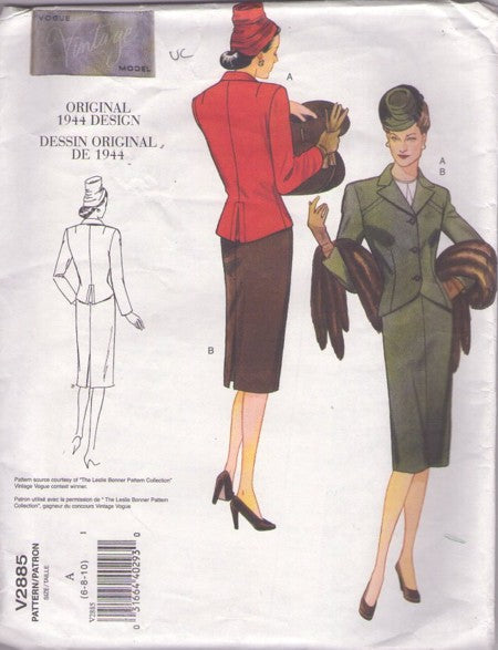 Vogue 2885 Retro 2005 Sewing Pattern Repro Suit Dress, Vintage Model Reproduction, 1944 40s Repro Suit Dress, Fitted Jacket & Slim Pencil Skirt Size 6-10